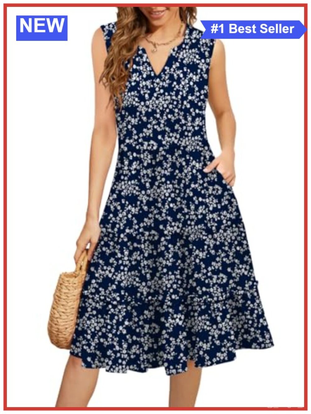 Women's Flowy Boho Midi Sundress with Pockets Smocked A-Line Summer Dress